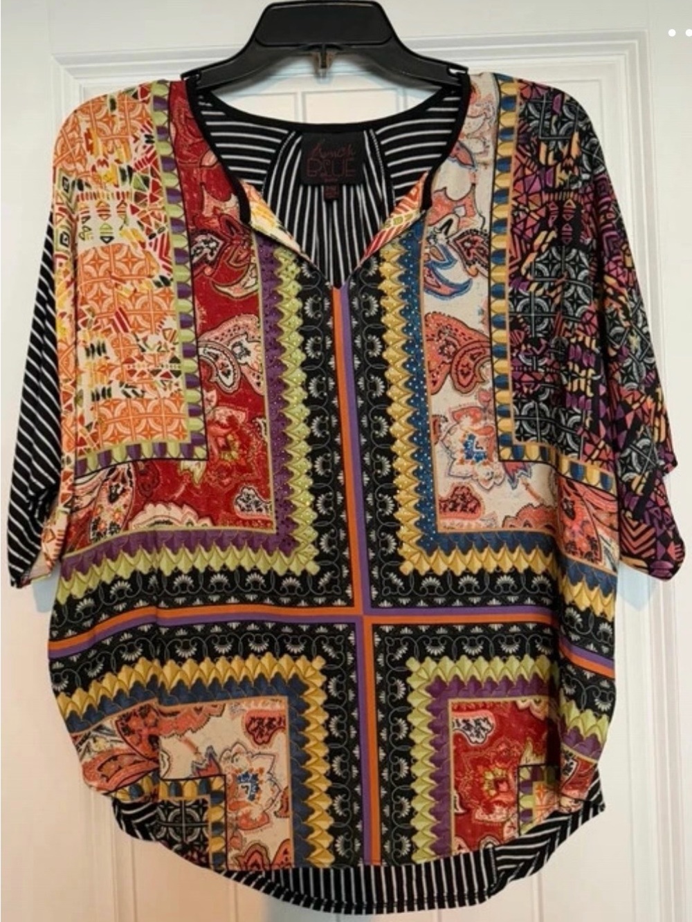 Mixed Patchwork V-Neck Tunic Top in Multicolor by Jess & Jane